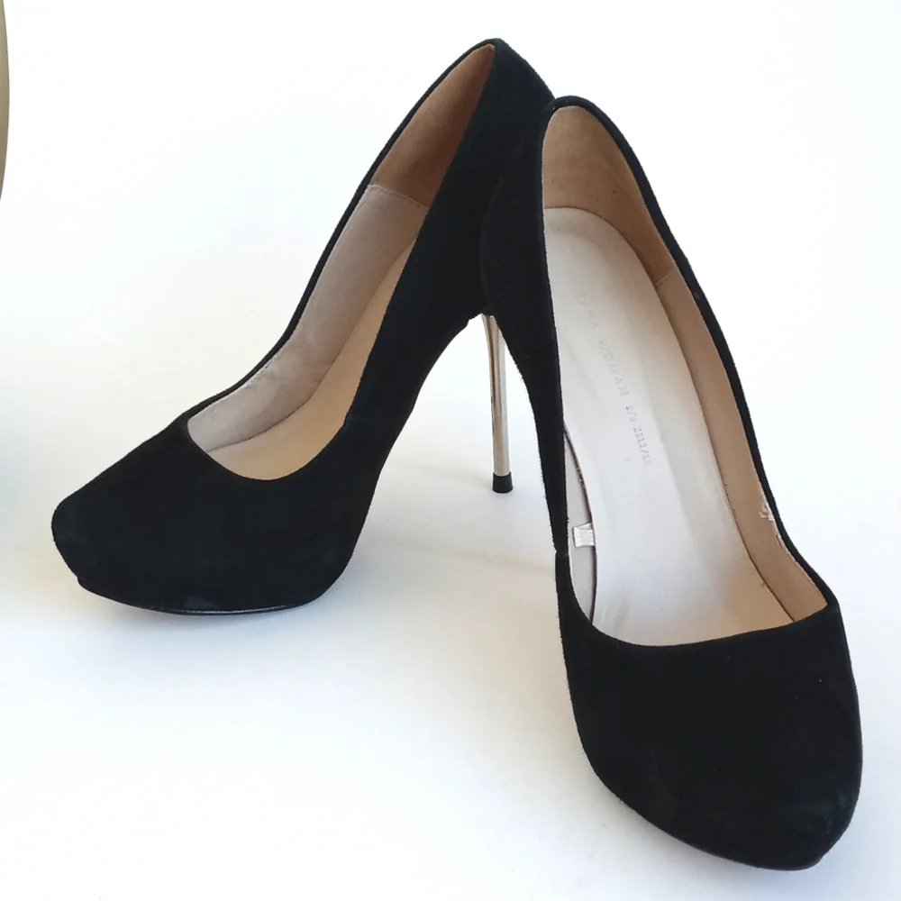 Zara Women’s Elegant Black Leather Suede Steel Chrome 5” Platform Heels 38 (7.5)